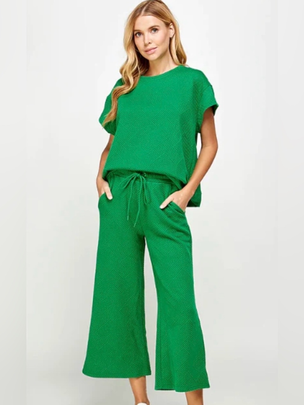 Green Wide-Leg Knit Pant Set - Women